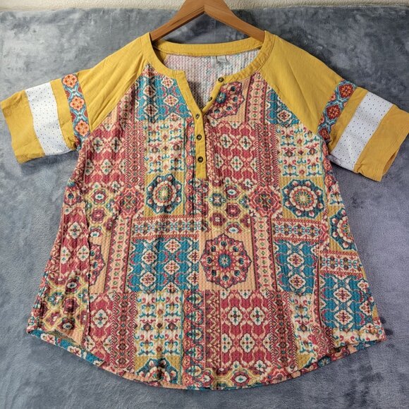 Cato Womens Patchwork Henley Top L Multicolor Boho Festival Casual Raglan Sleeve - Picture 1 of 9